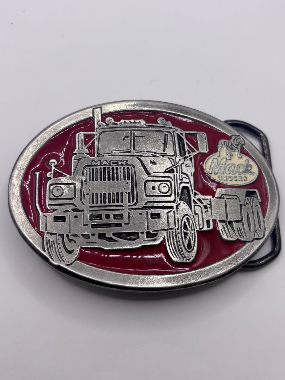 Mack Truck Vintage 70’s Belt Buckle Silver Alloy & Red/White Enamel 3.25”x 2.25”